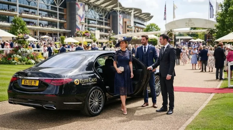 Royal Ascot racecourse entrance with elegant visitors arriving from Reading by private car