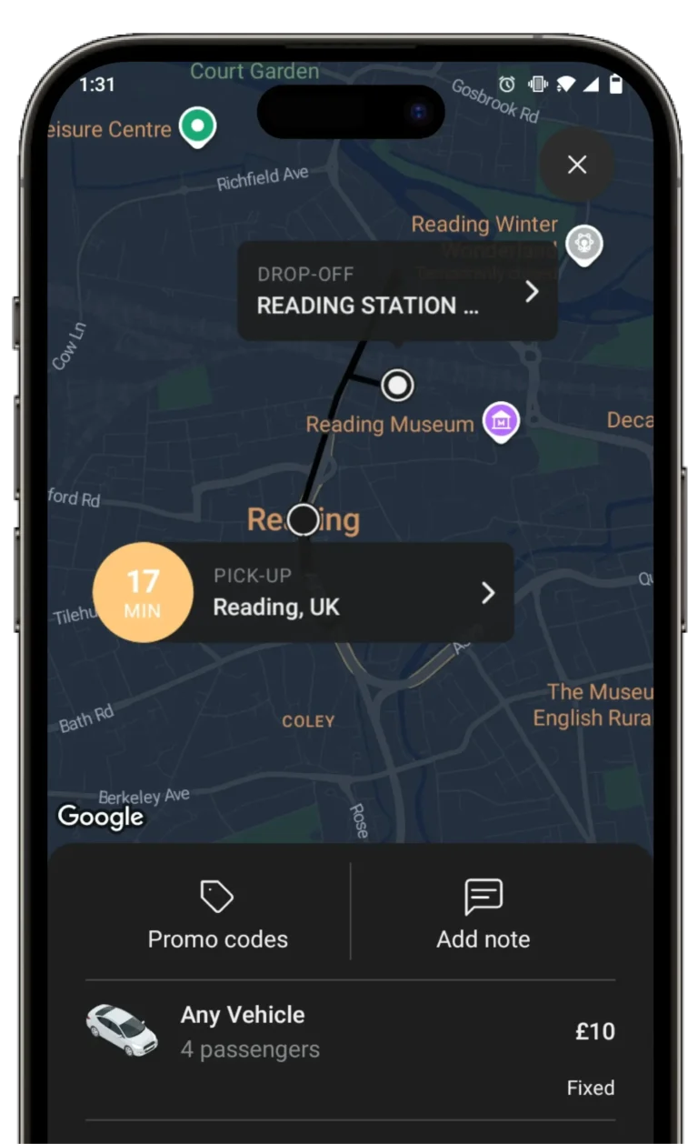 Elite Cars mobile app for taxi bookings in Reading and Berkshire